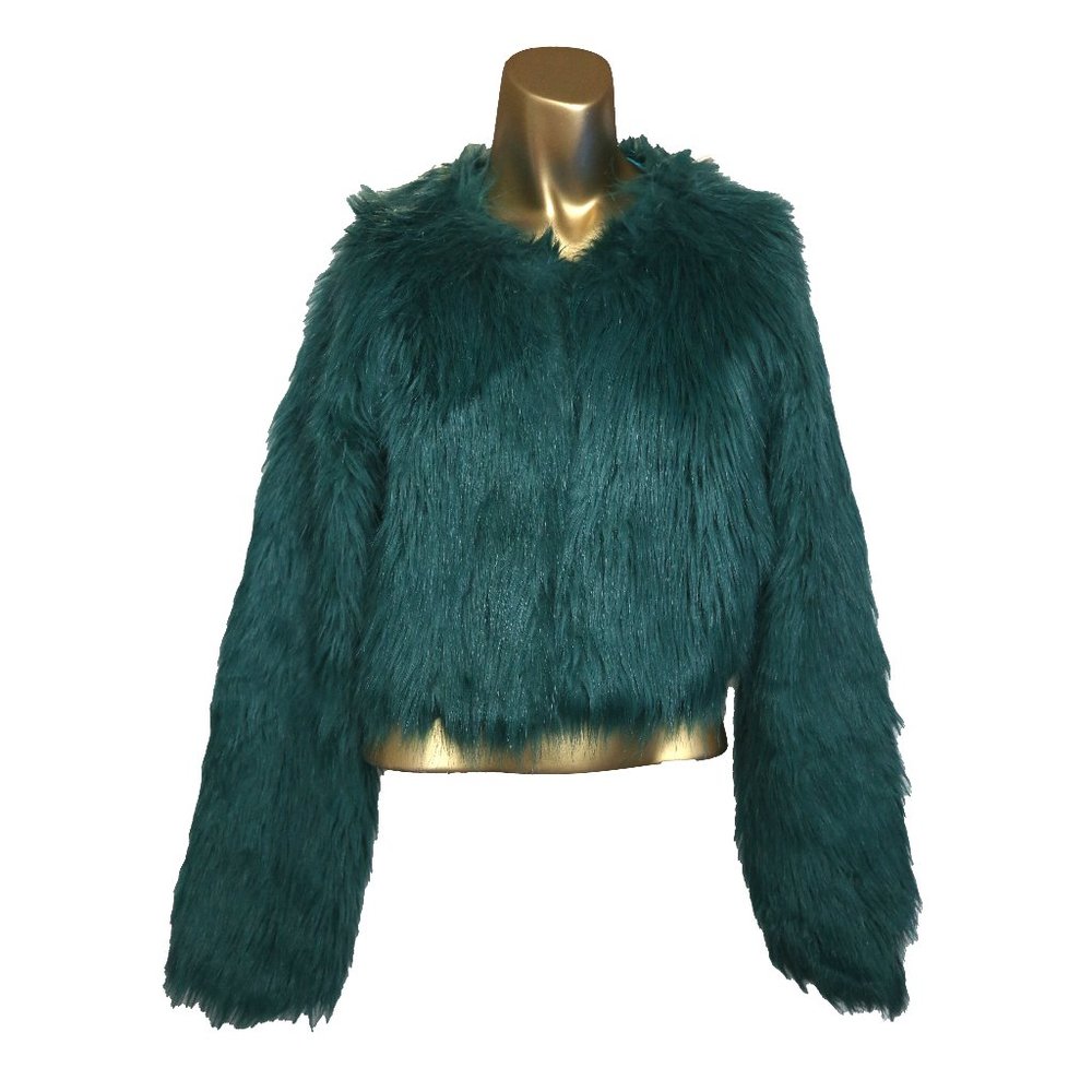 Motel Rocks Cropped Faux Fur Green Jacket Coat XS S